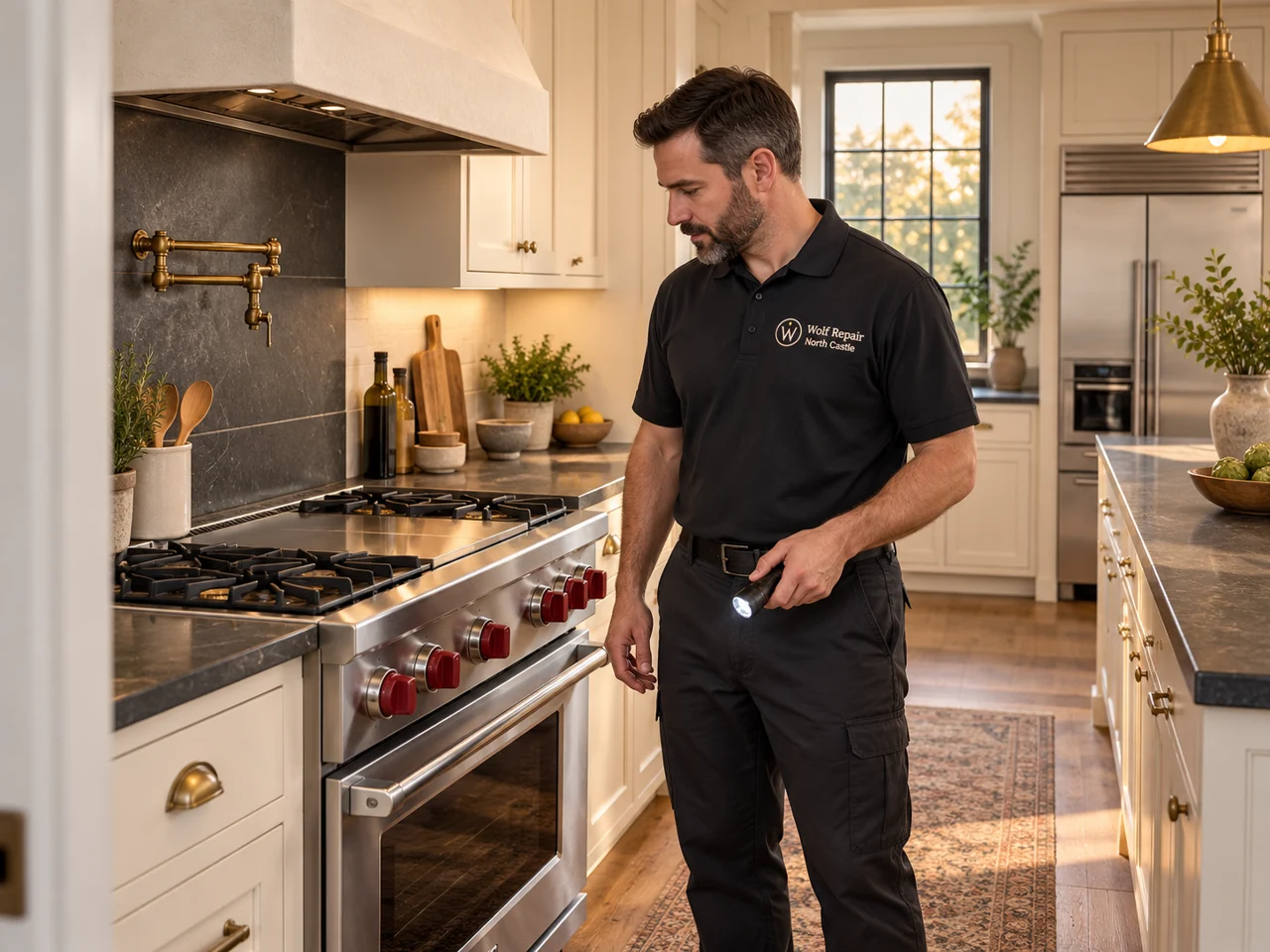 AI illustration of an appliance technician wearing Wolf Repair North Castle branding